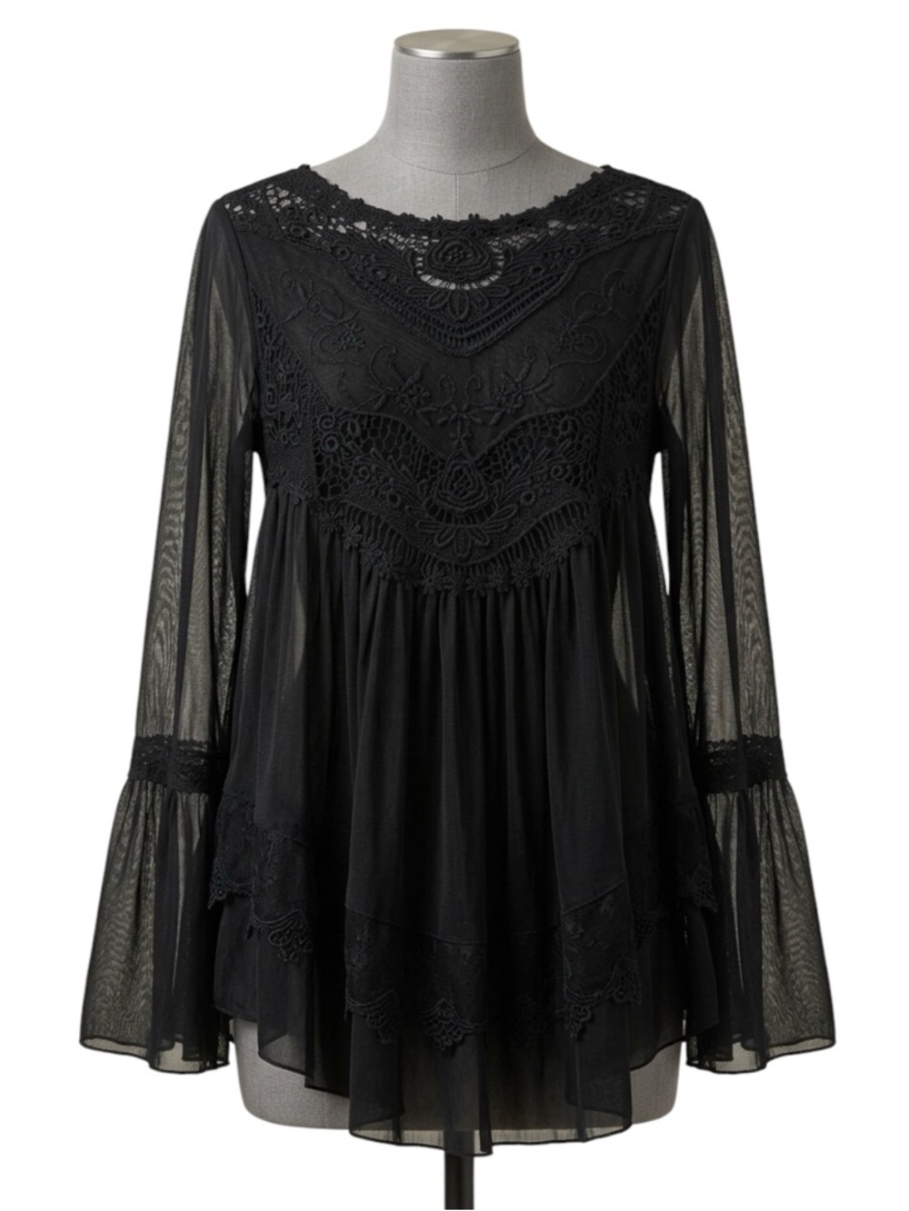 Altard State Black Boho Crochet Lace Bell Sleeve Fairycore Tunic Blouse Size S